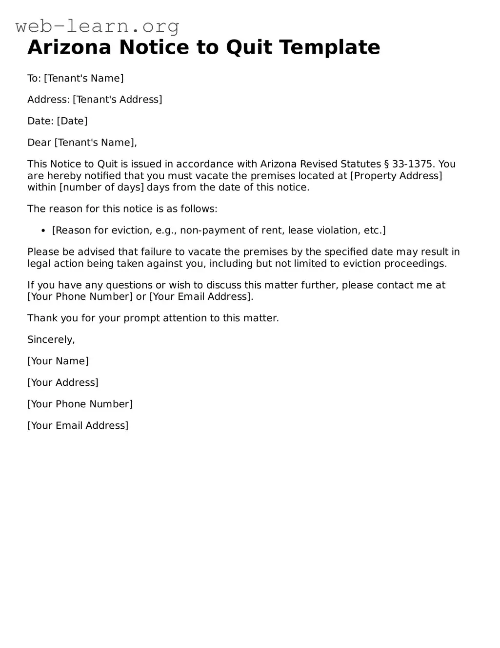 Attorney-Approved Notice to Quit Document for the State of Arizona