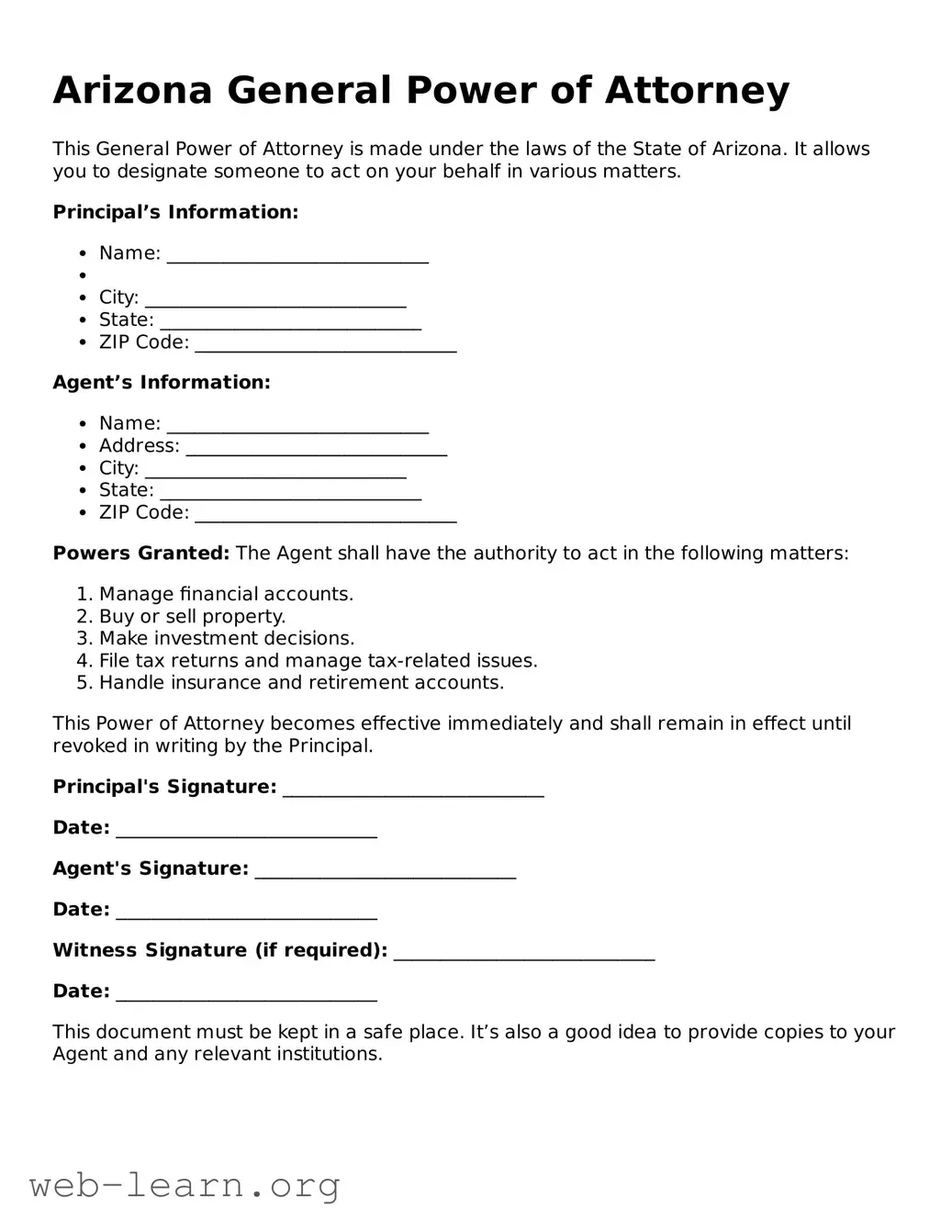 Attorney-Approved General Power of Attorney Document for the State of Arizona