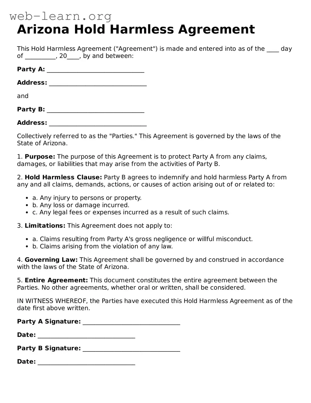 Attorney-Approved Hold Harmless Agreement Document for the State of Arizona