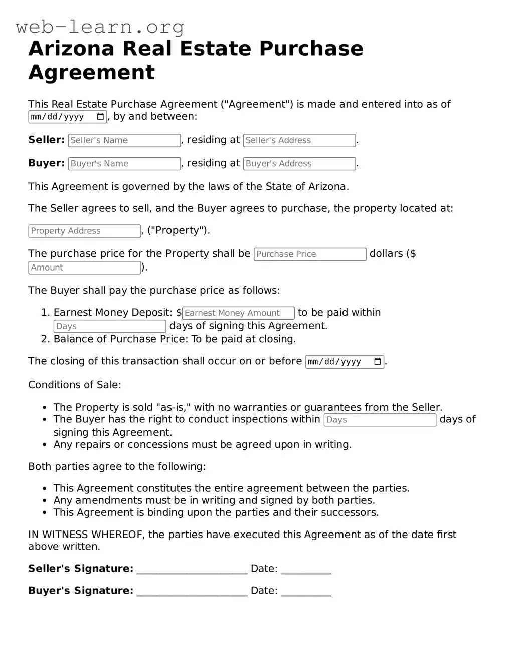 Attorney-Approved Real Estate Purchase Agreement Document for the State of Arizona