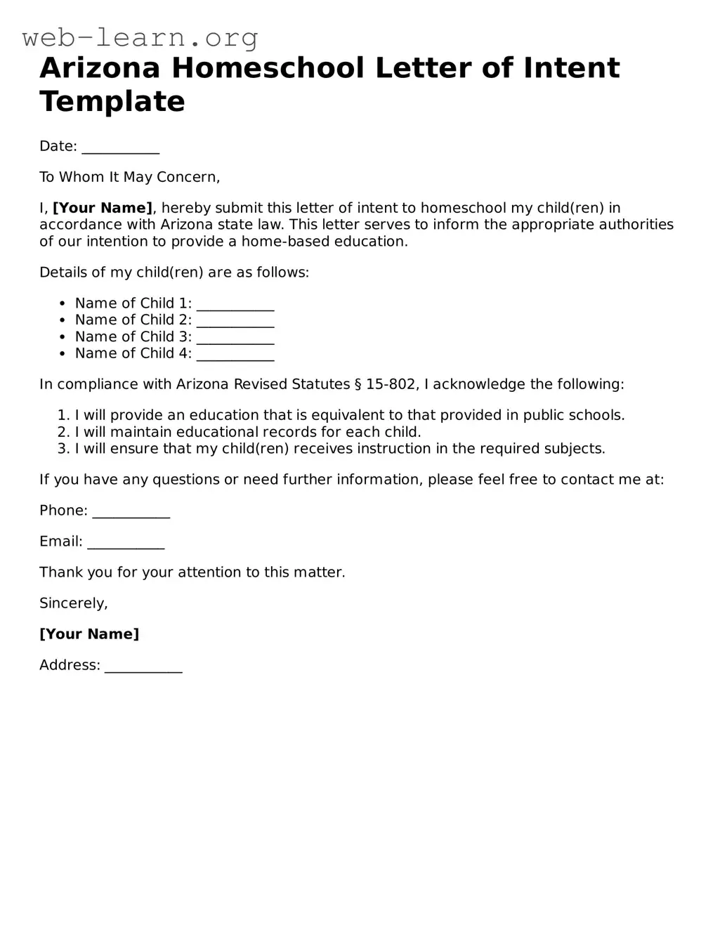 Attorney-Approved Homeschool Letter of Intent Document for the State of Arizona