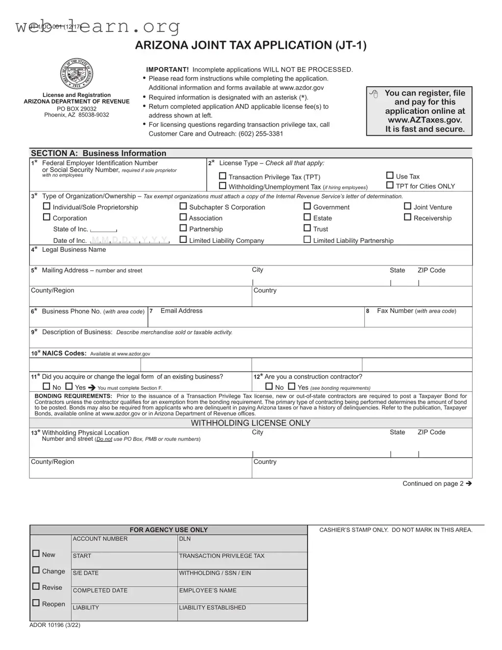 Blank Jt 1 Arizona Tax Form