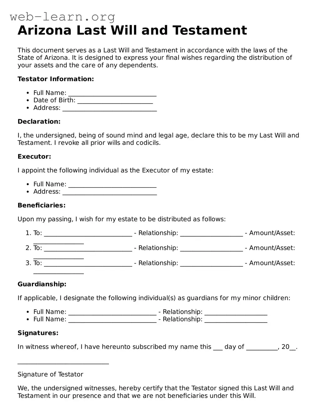 Attorney-Approved Last Will and Testament Document for the State of Arizona