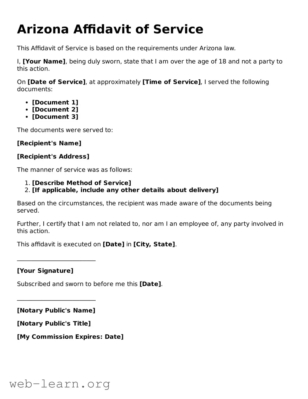 Attorney-Approved Affidavit of Service Document for the State of Arizona