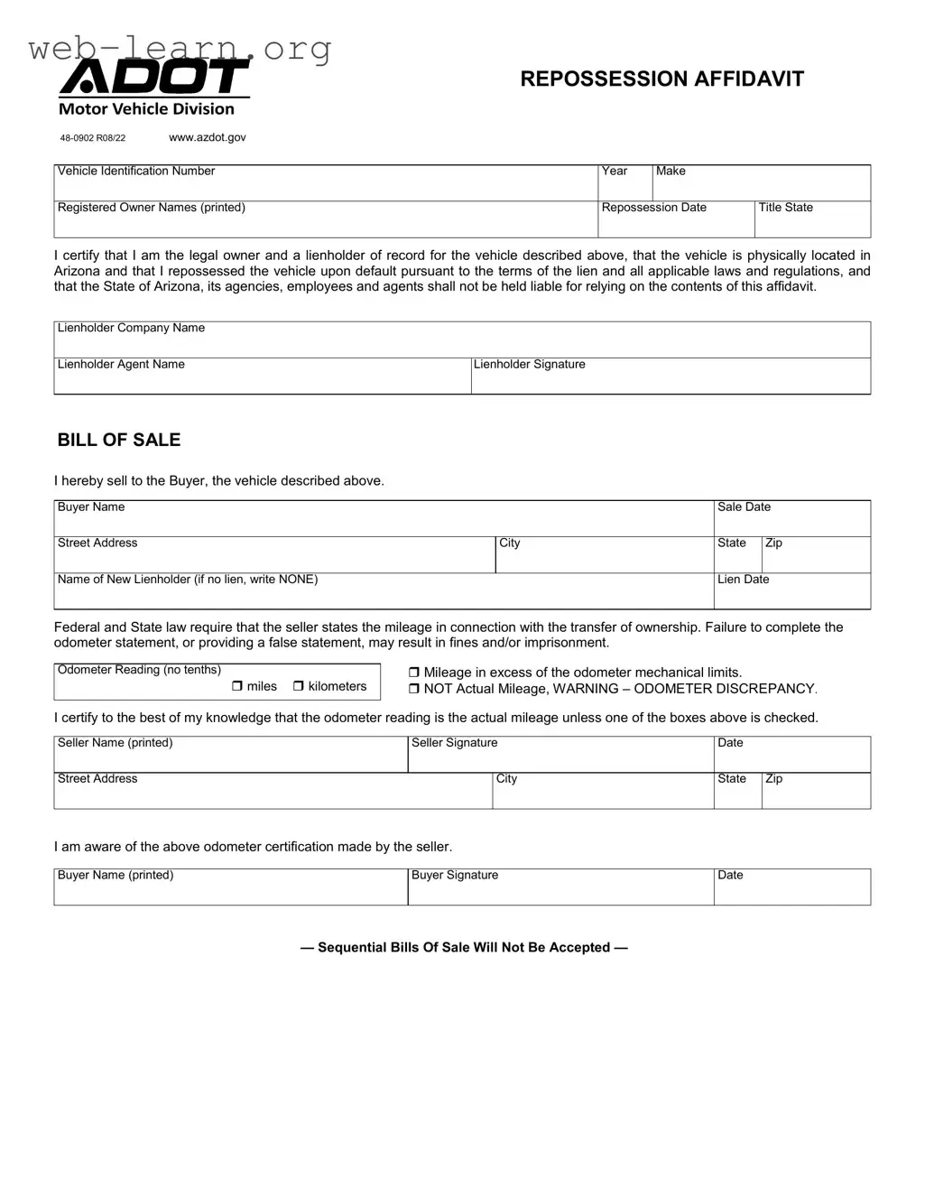 Blank Arizona Repossession Affidavit Form