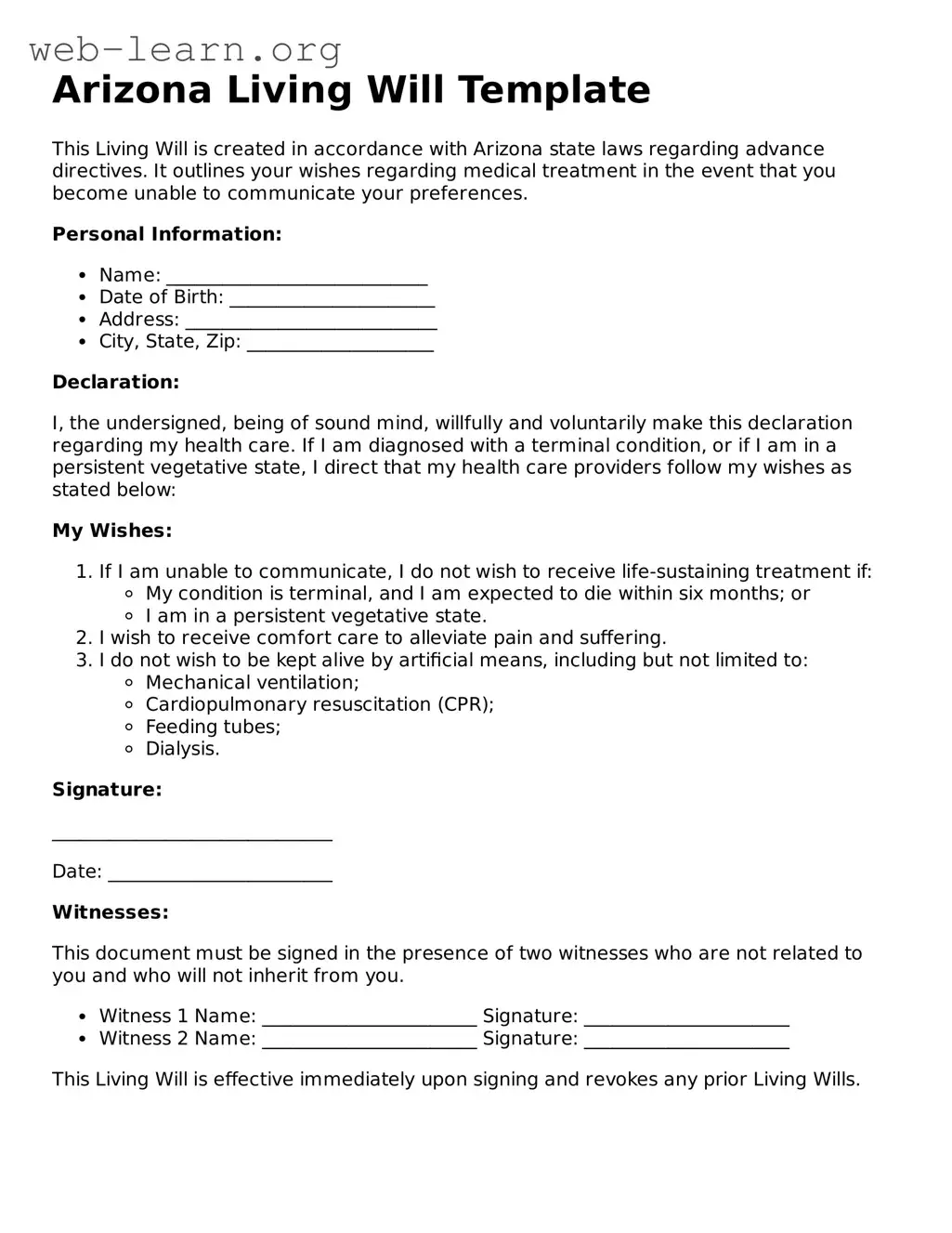 Attorney-Approved Living Will Document for the State of Arizona