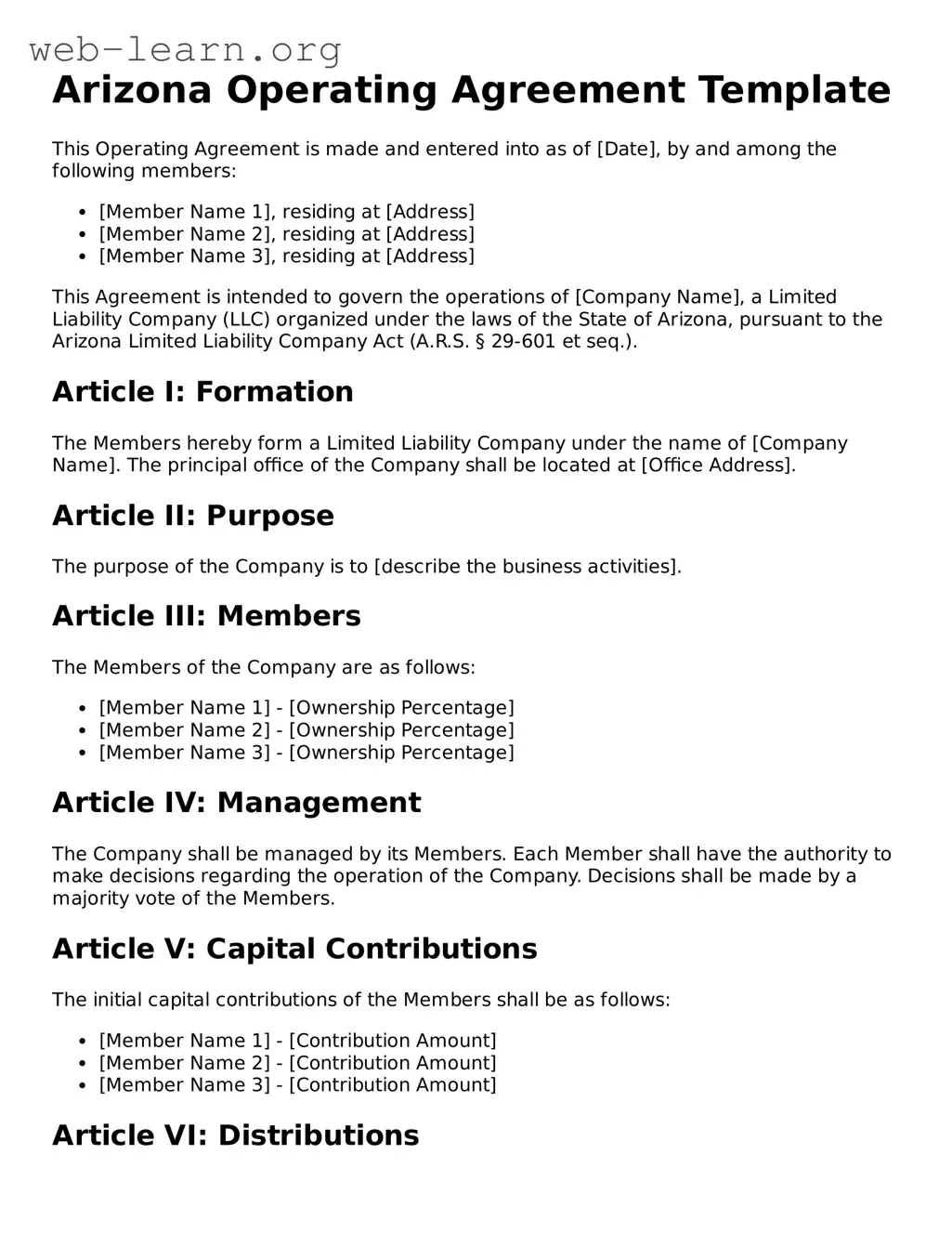 Attorney-Approved Operating Agreement Document for the State of Arizona