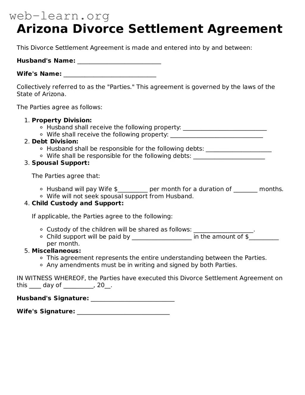 Attorney-Approved Divorce Settlement Agreement Document for the State of Arizona