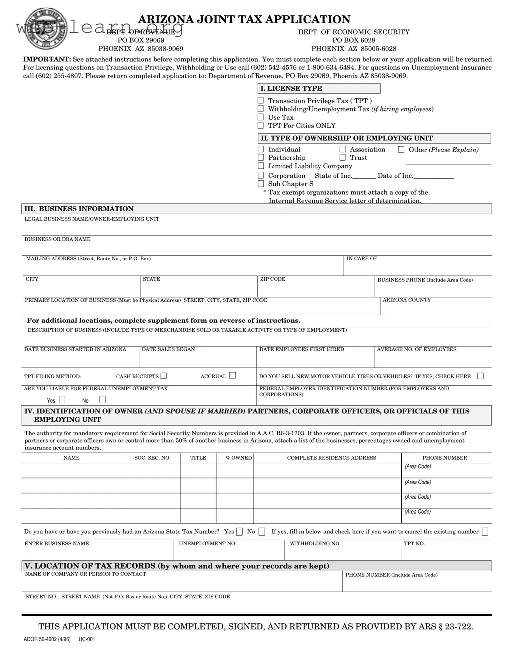 Blank Arizona Joint Tax Application Form