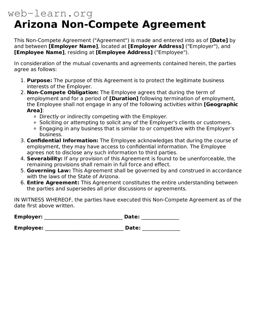 Attorney-Approved Non-compete Agreement Document for the State of Arizona