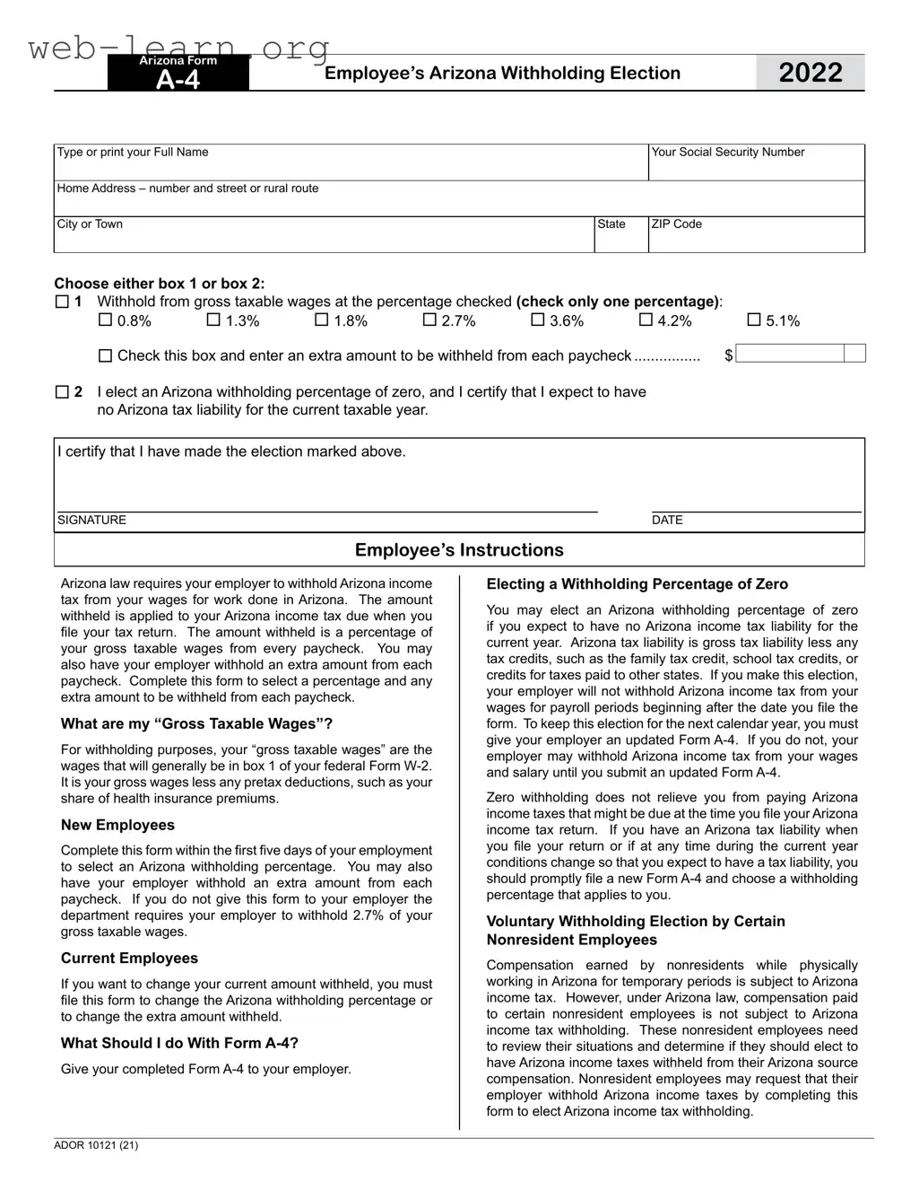 Blank Arizona A4 Form