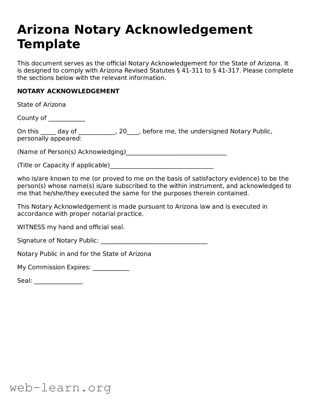 Attorney-Approved Notary Acknowledgement Document for the State of Arizona