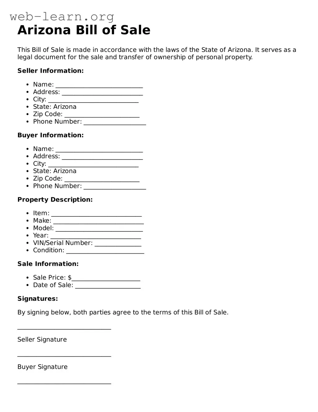 Attorney-Approved Bill of Sale Document for the State of Arizona