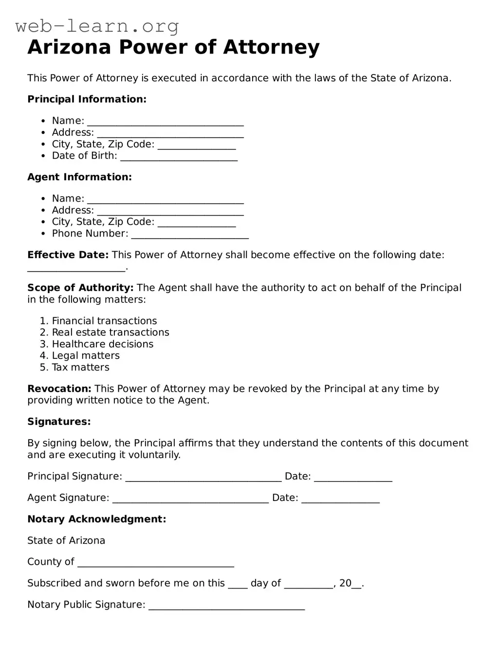 Attorney-Approved Power of Attorney Document for the State of Arizona