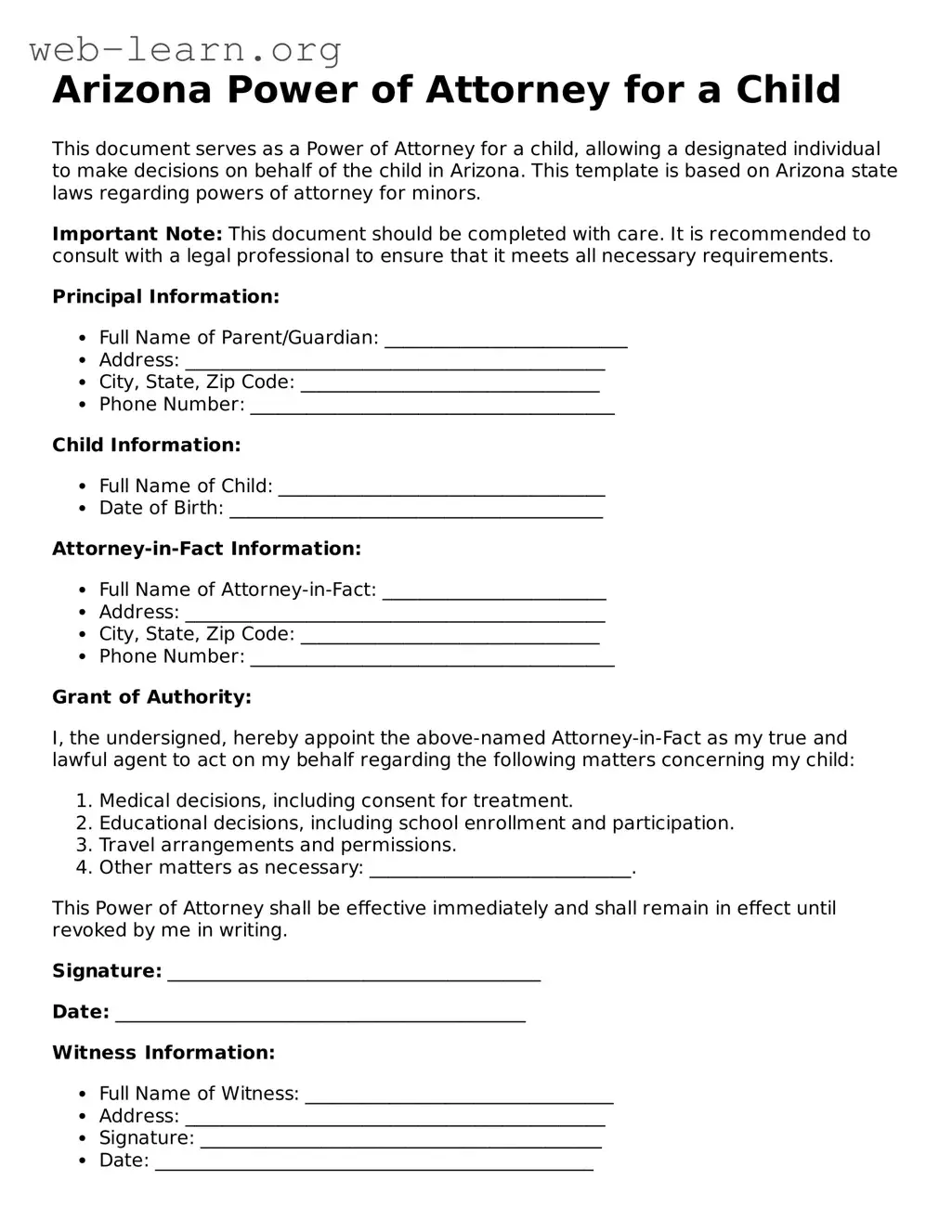 Attorney-Approved Power of Attorney for a Child Document for the State of Arizona