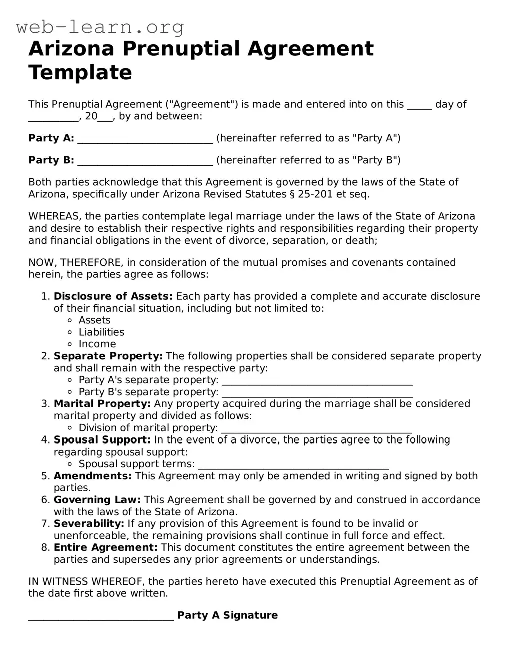Attorney-Approved Prenuptial Agreement Document for the State of Arizona