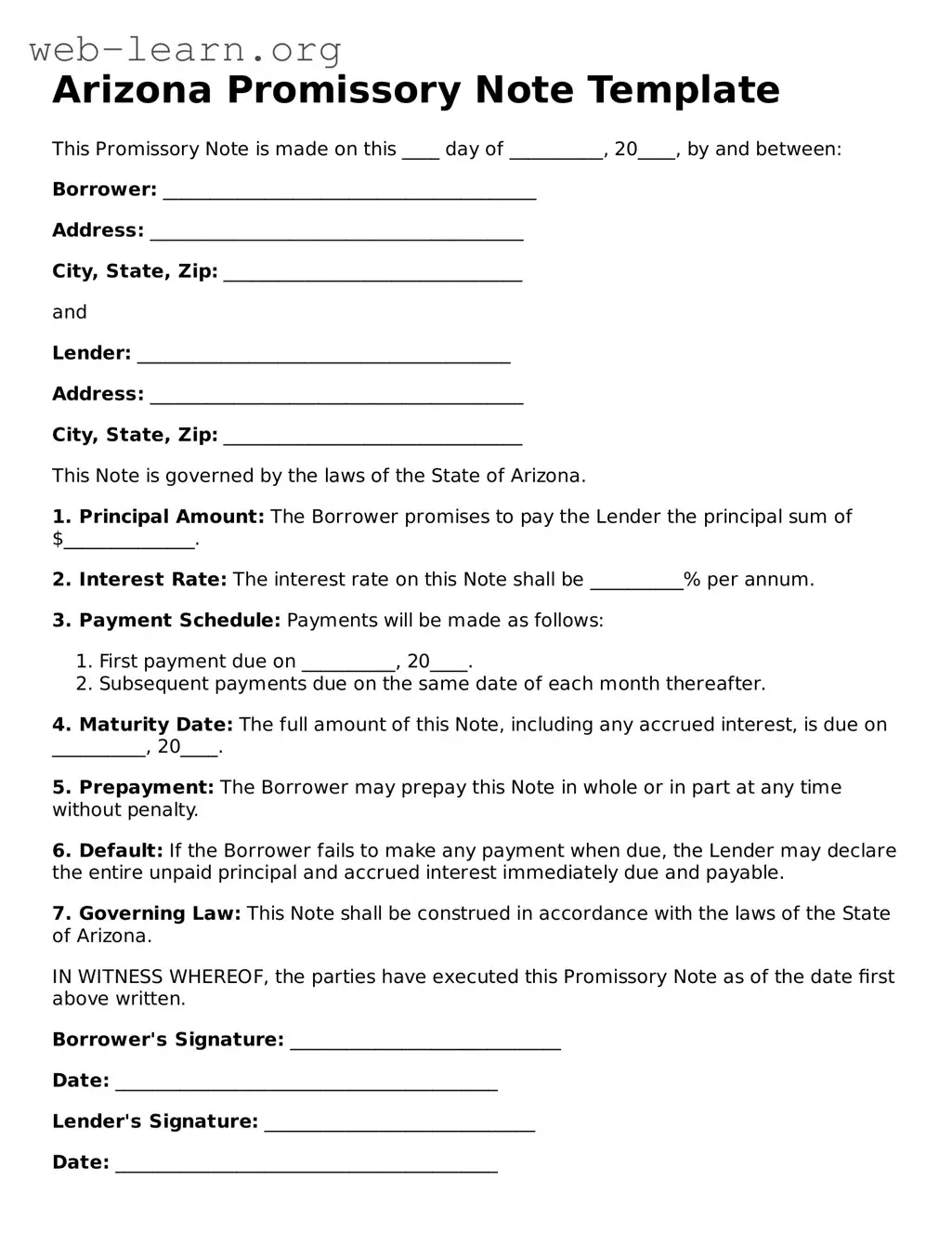 Attorney-Approved Promissory Note Document for the State of Arizona