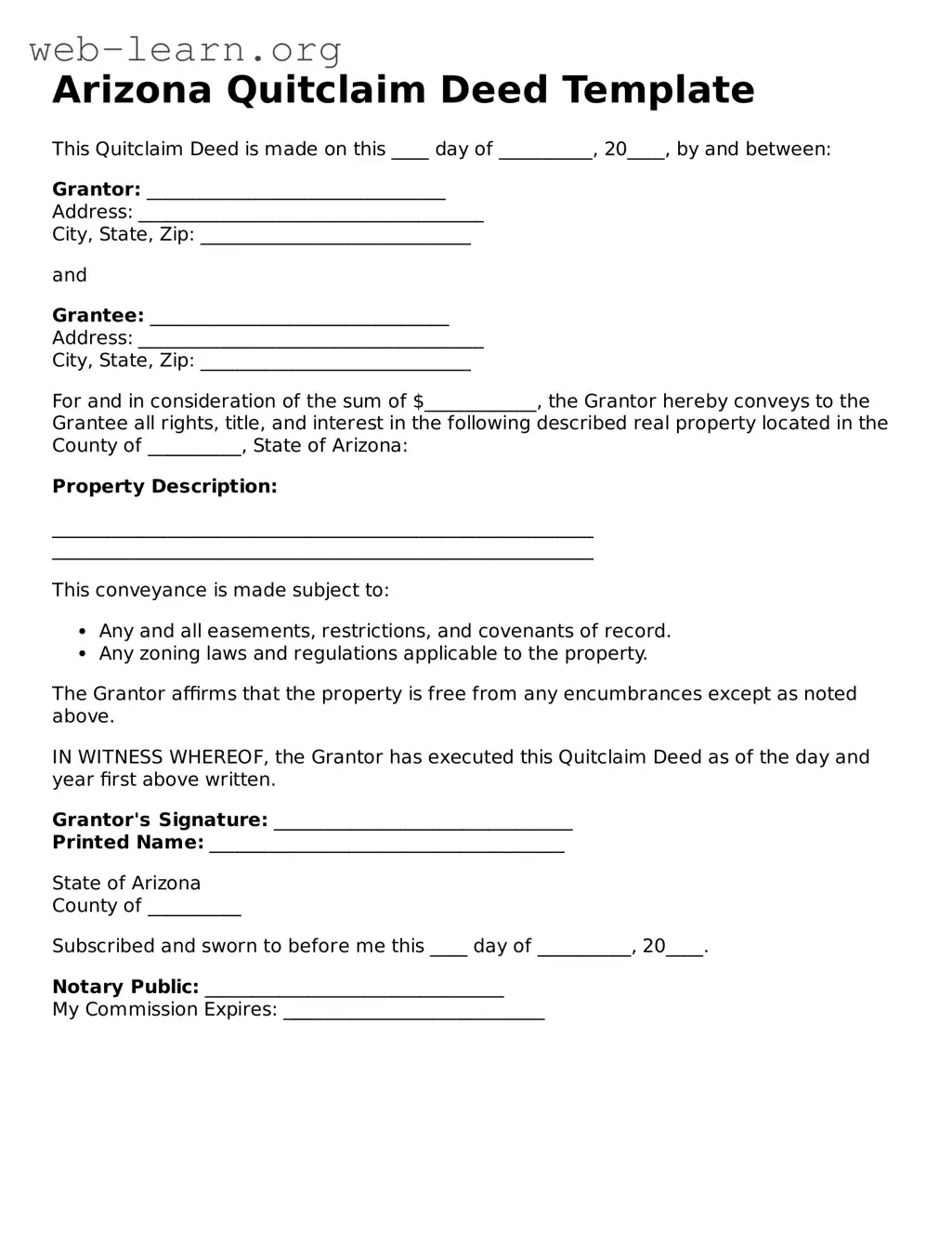 Attorney-Approved Quitclaim Deed Document for the State of Arizona