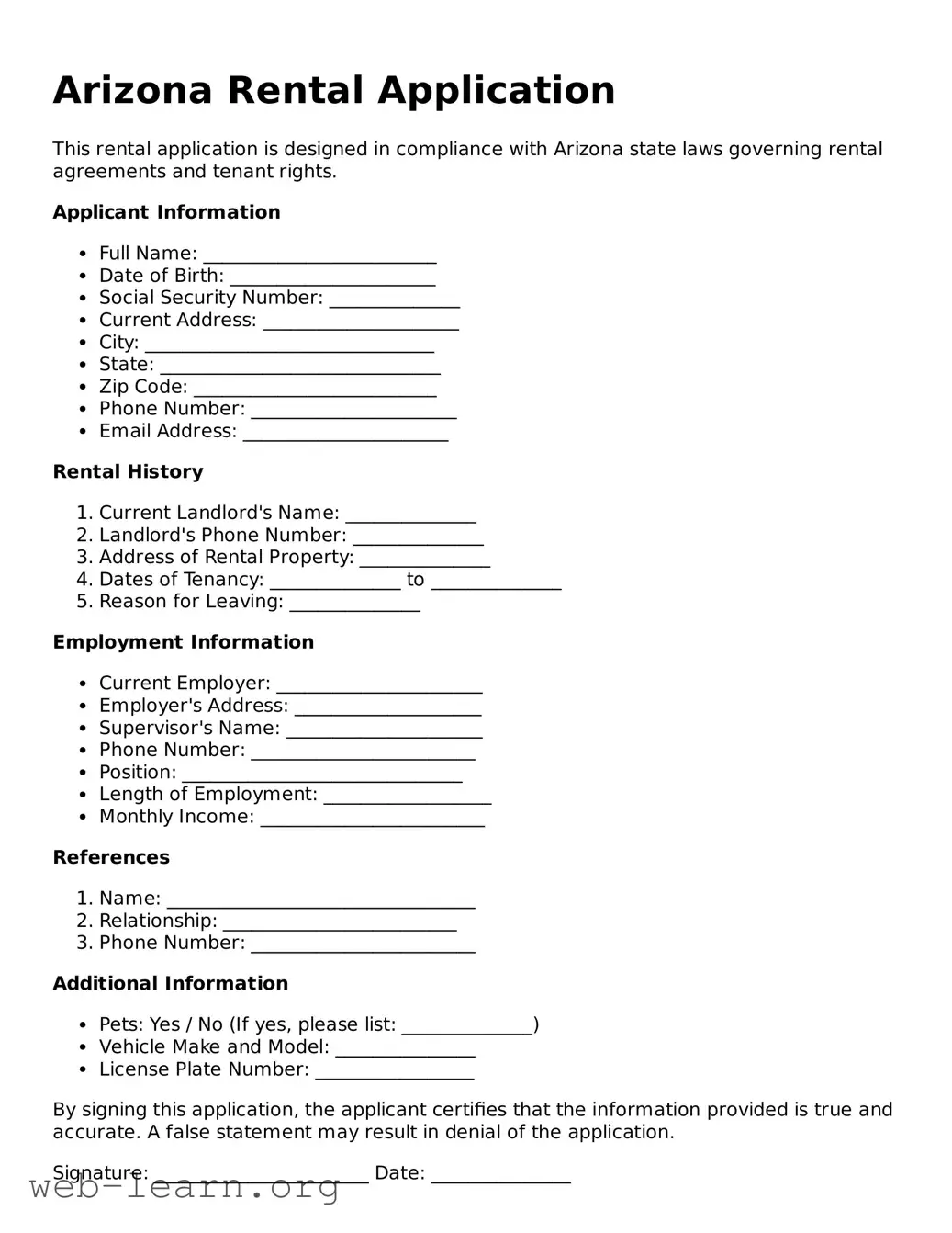 Attorney-Approved Rental Application Document for the State of Arizona