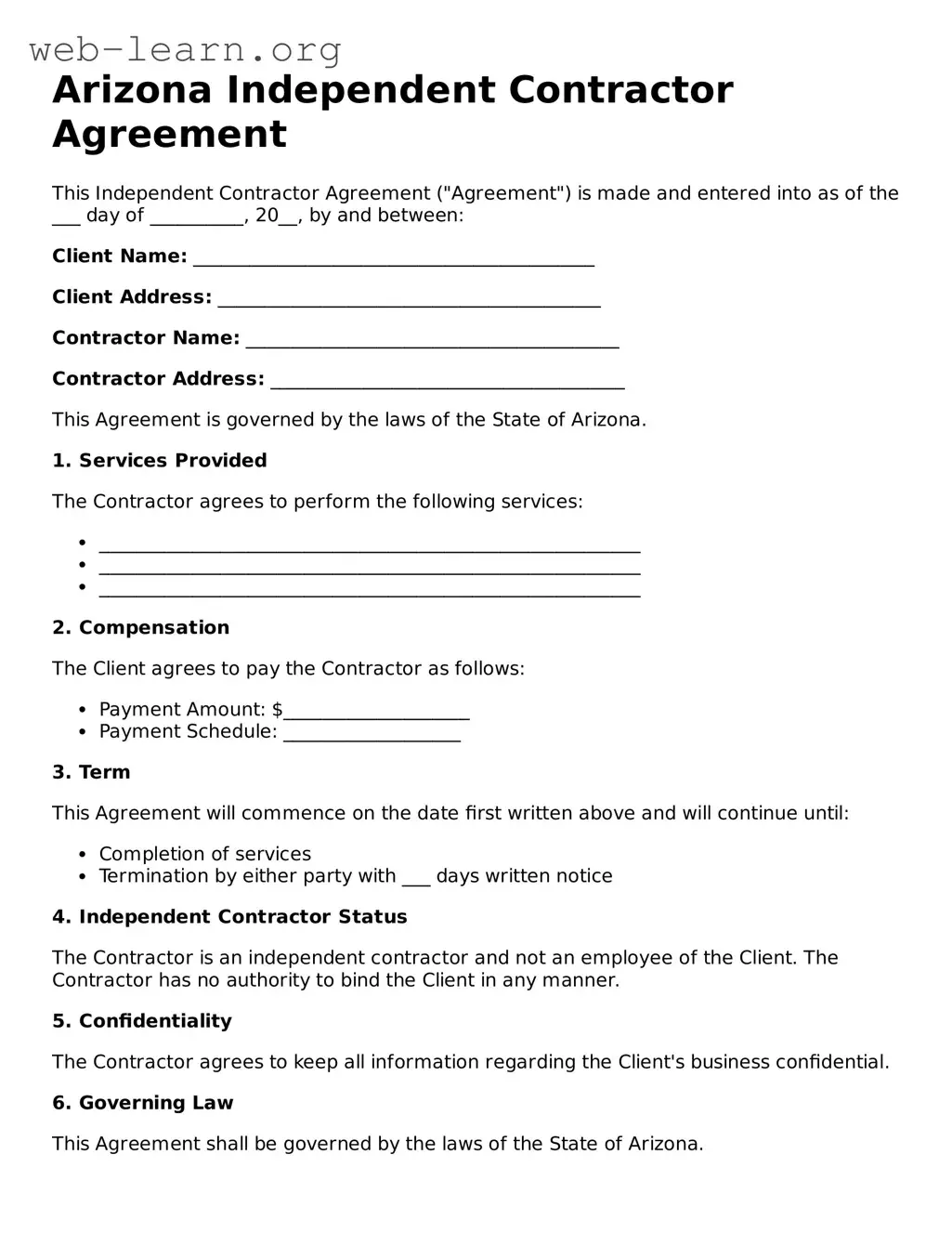 Attorney-Approved Independent Contractor Agreement Document for the State of Arizona