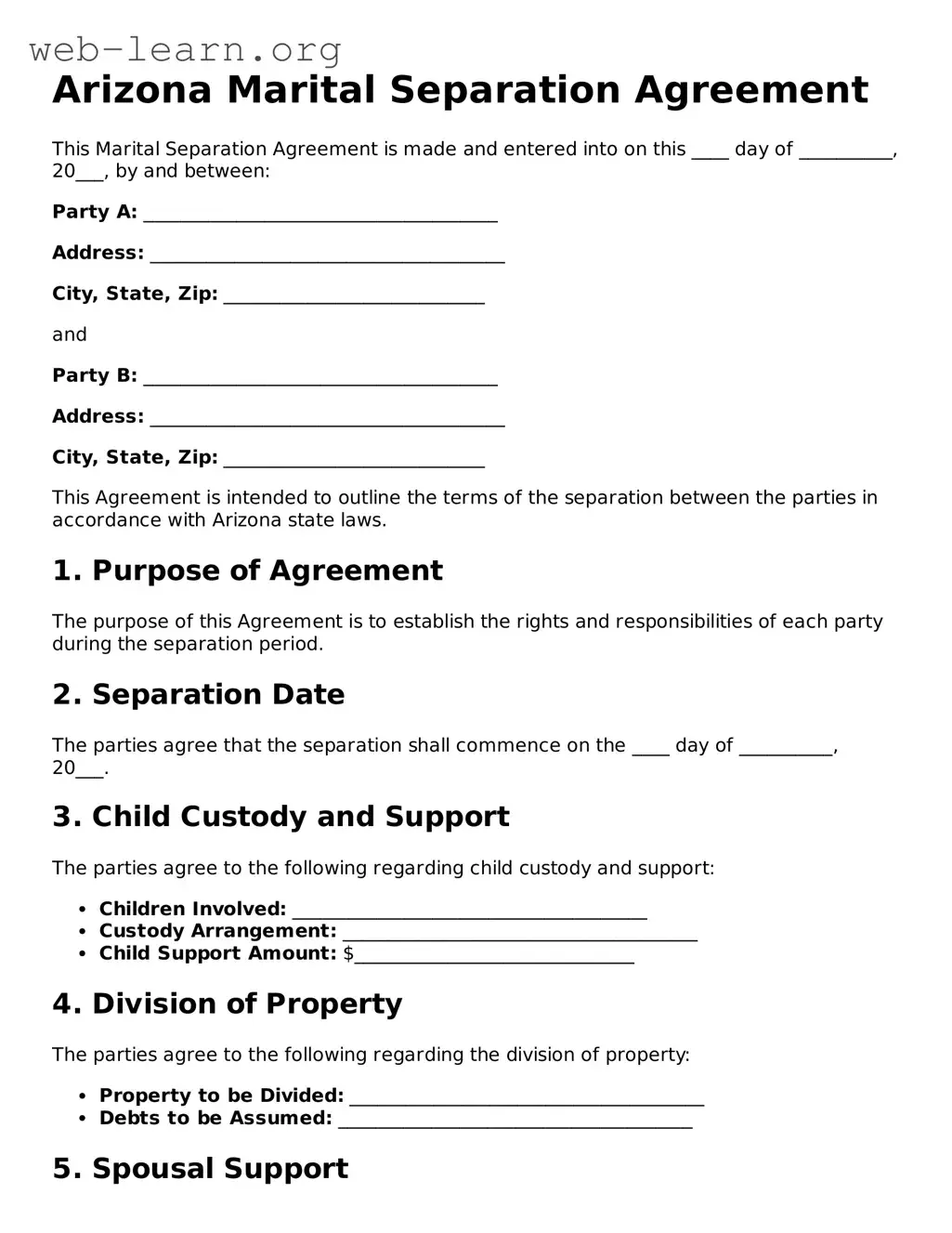 Attorney-Approved Marital Separation Agreement Document for the State of Arizona