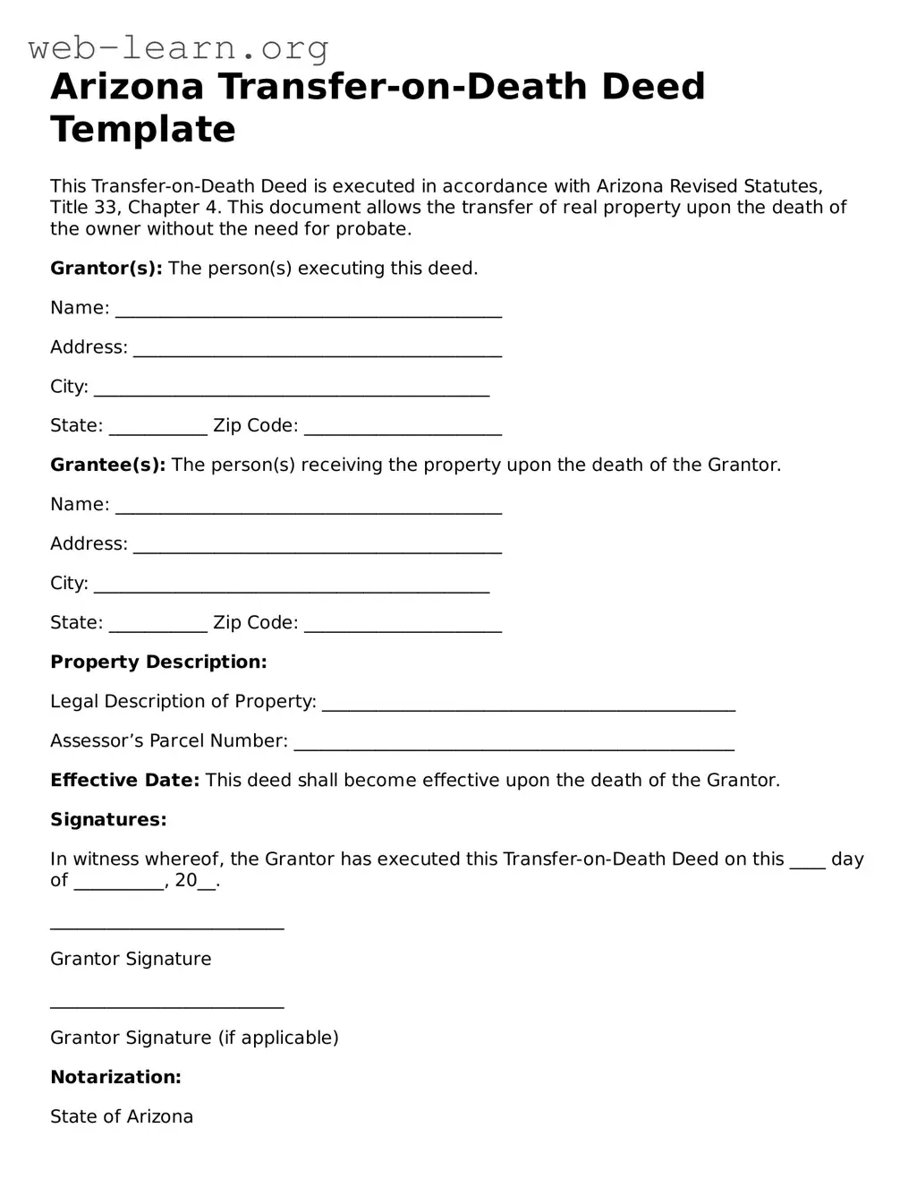 Attorney-Approved Transfer-on-Death Deed Document for the State of Arizona
