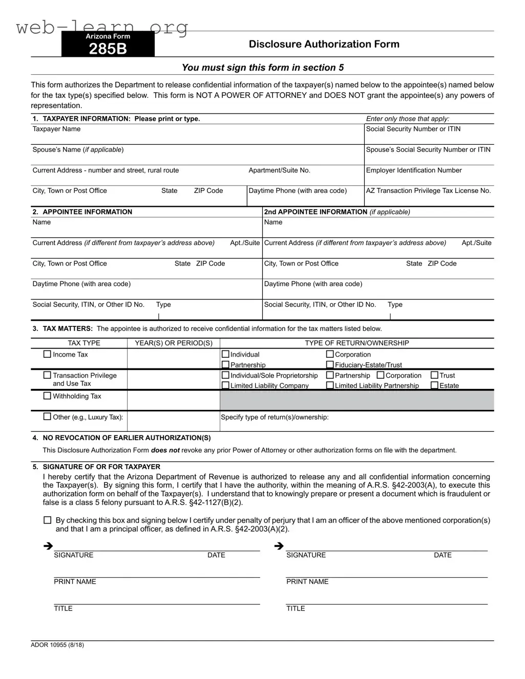 Blank Arizona 285 Form