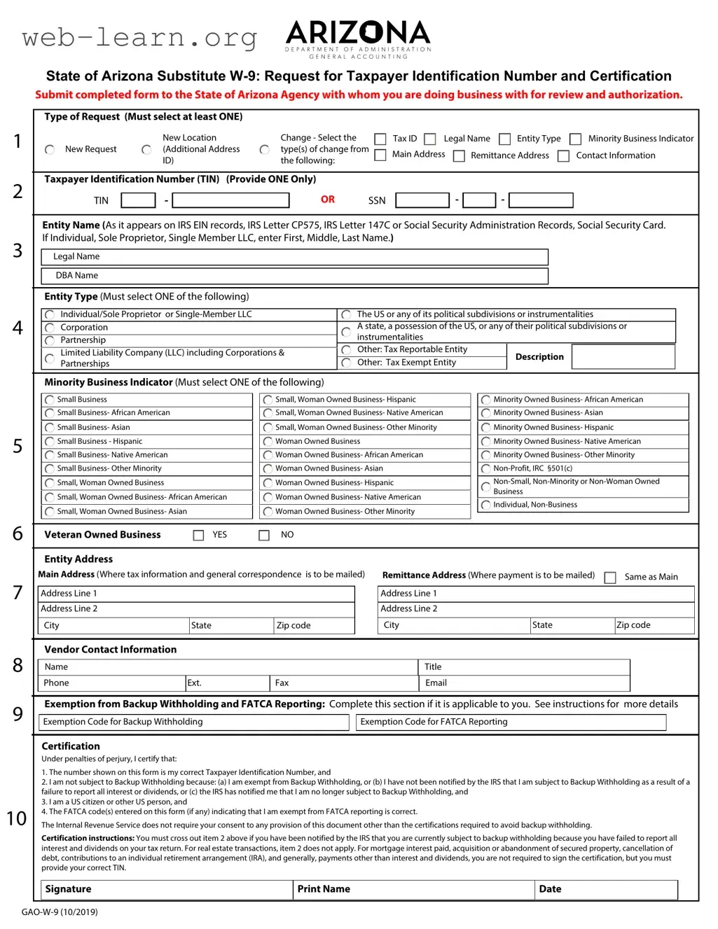 Blank Gao W 9 Arizona Form