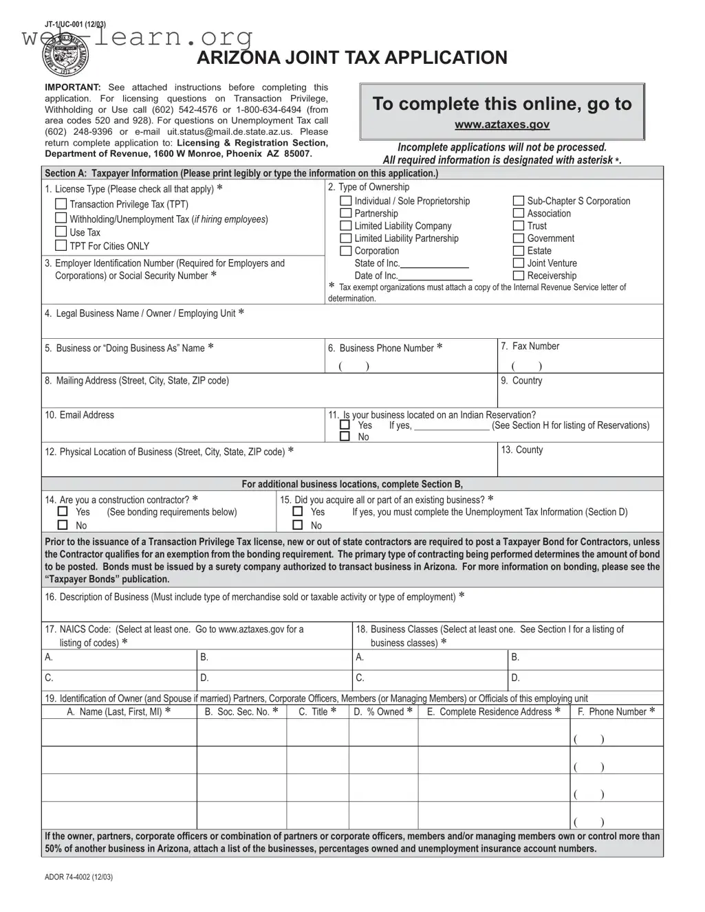 Blank Arizona Jt 1 Uc 001 Form