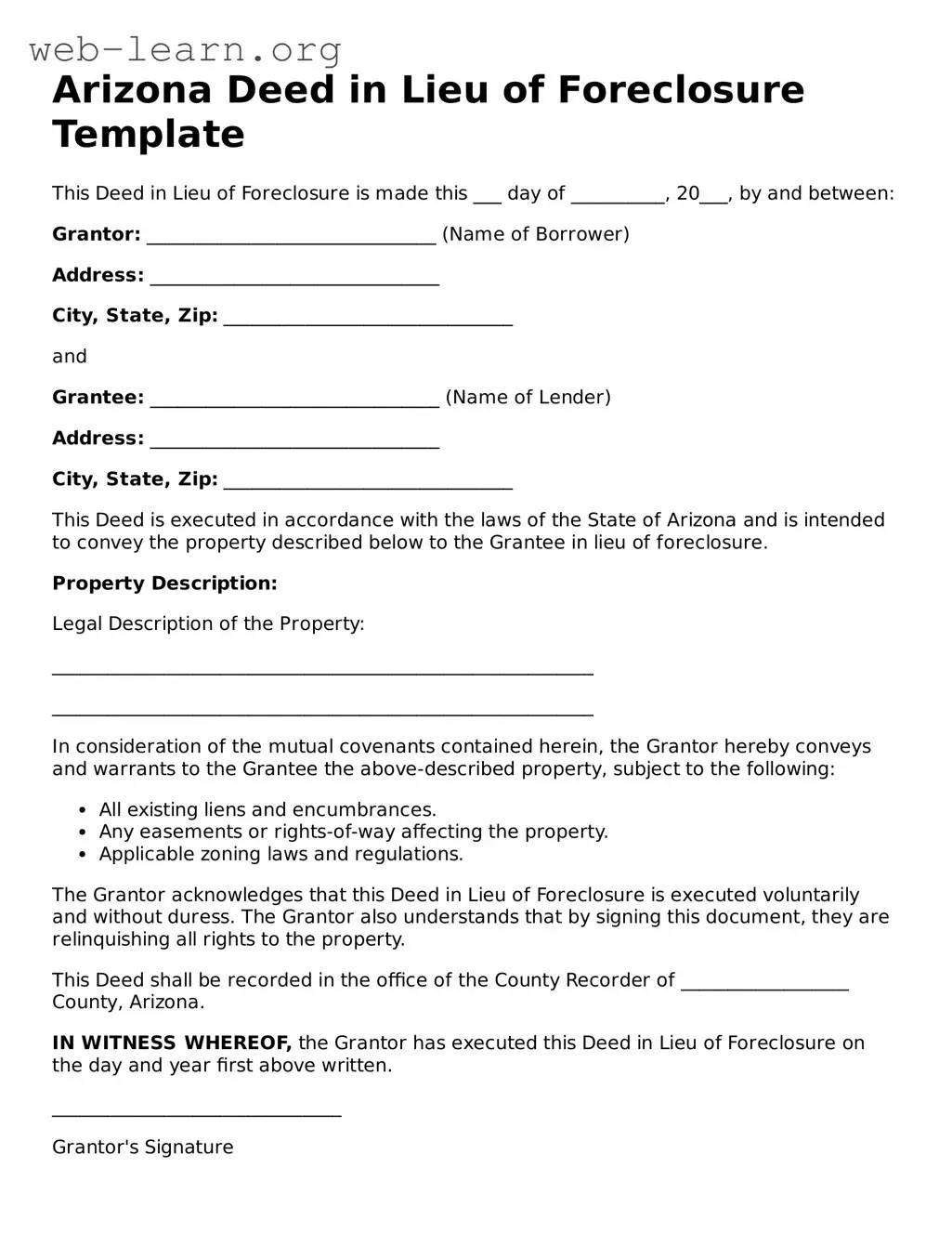 Attorney-Approved Deed in Lieu of Foreclosure Document for the State of Arizona