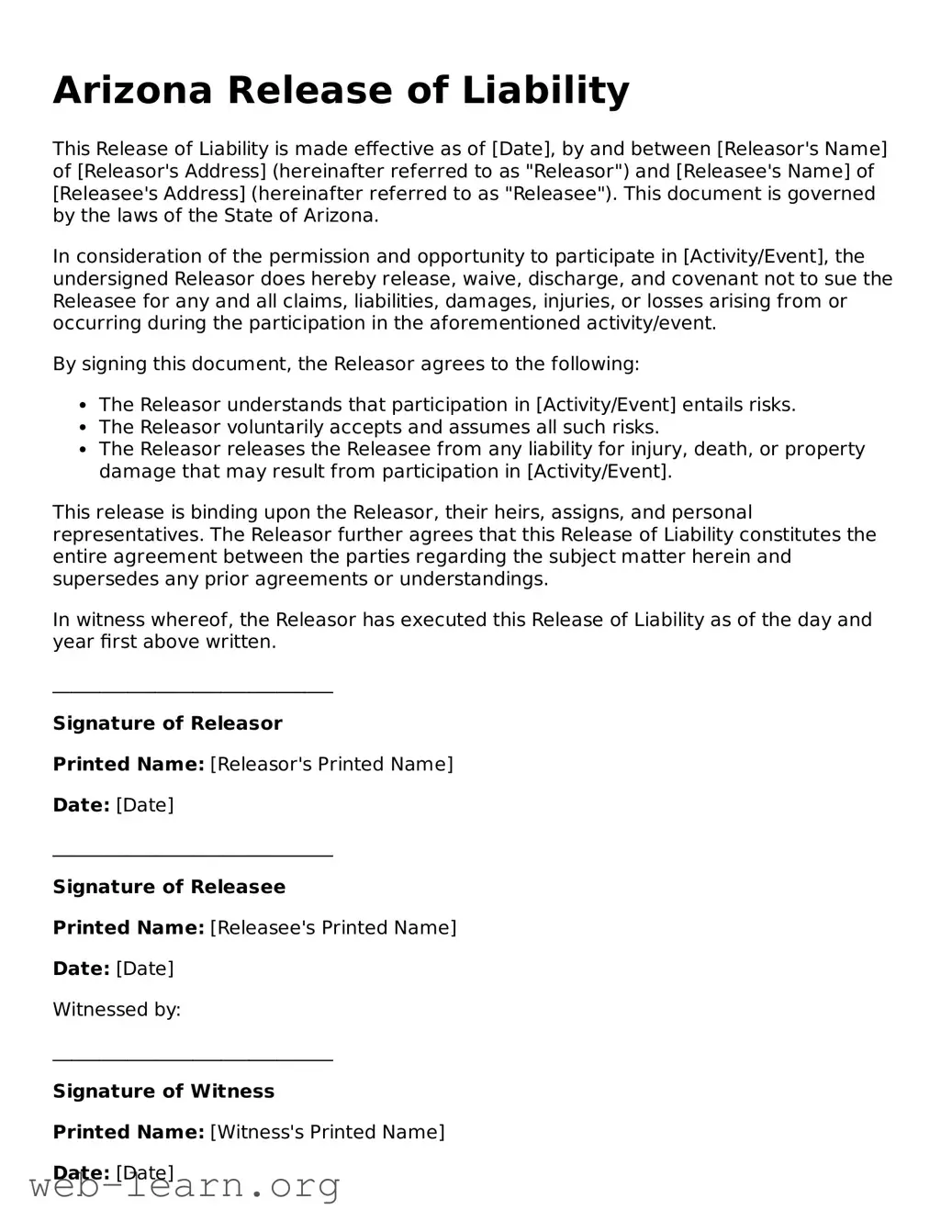 Attorney-Approved Release of Liability Document for the State of Arizona