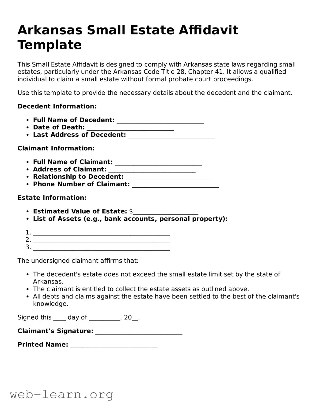 Attorney-Approved Small Estate Affidavit Document for the State of Arkansas