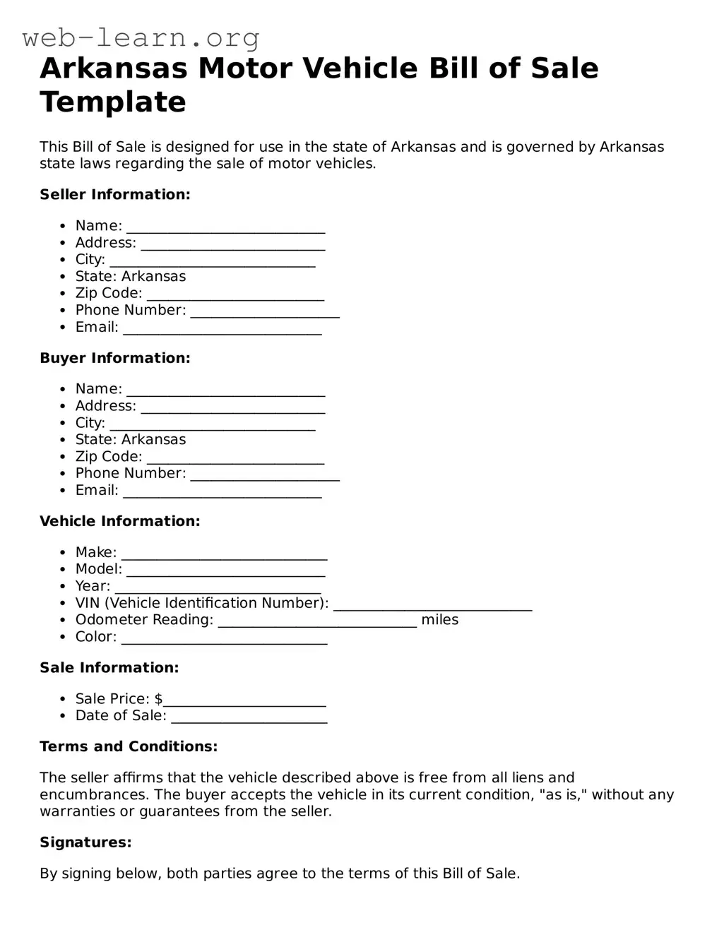 Attorney-Approved Motor Vehicle Bill of Sale Document for the State of Arkansas