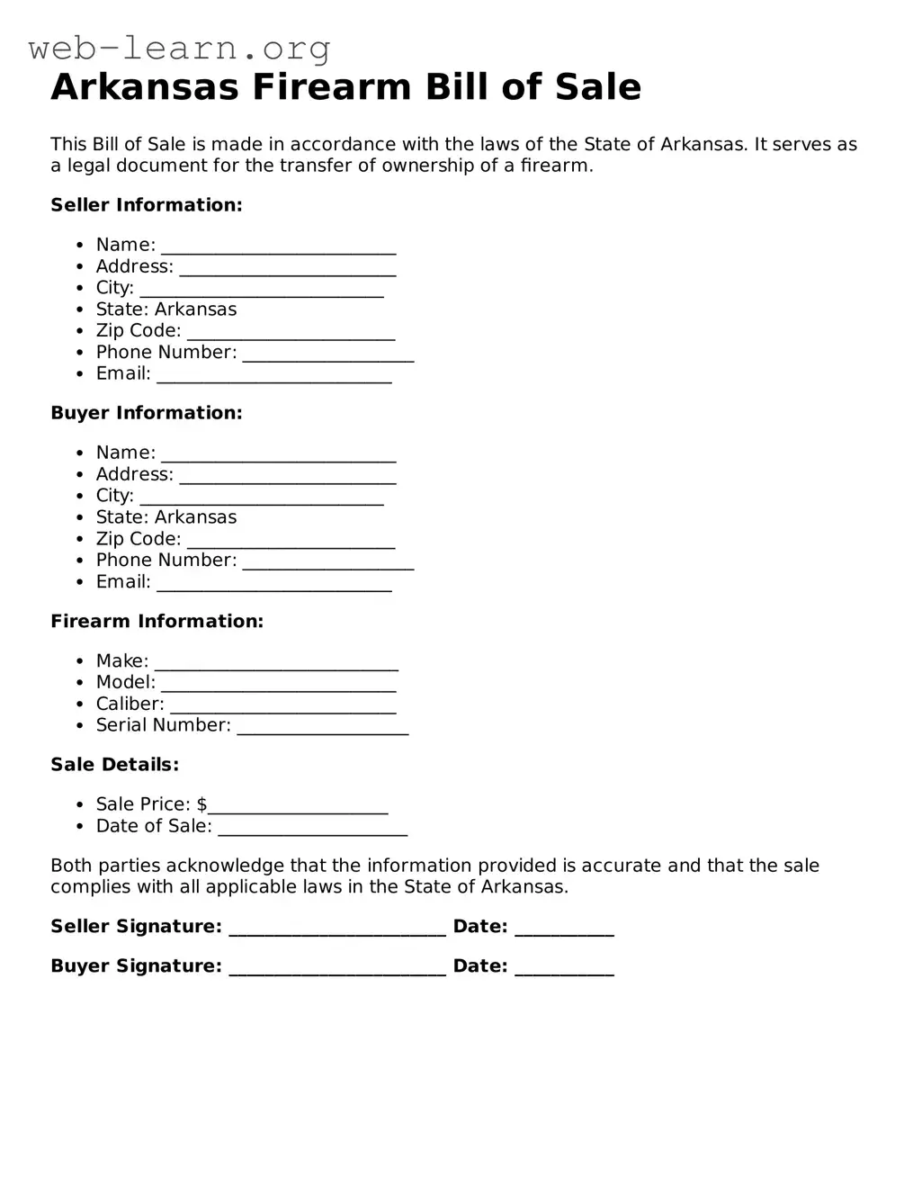 Attorney-Approved Firearm Bill of Sale Document for the State of Arkansas