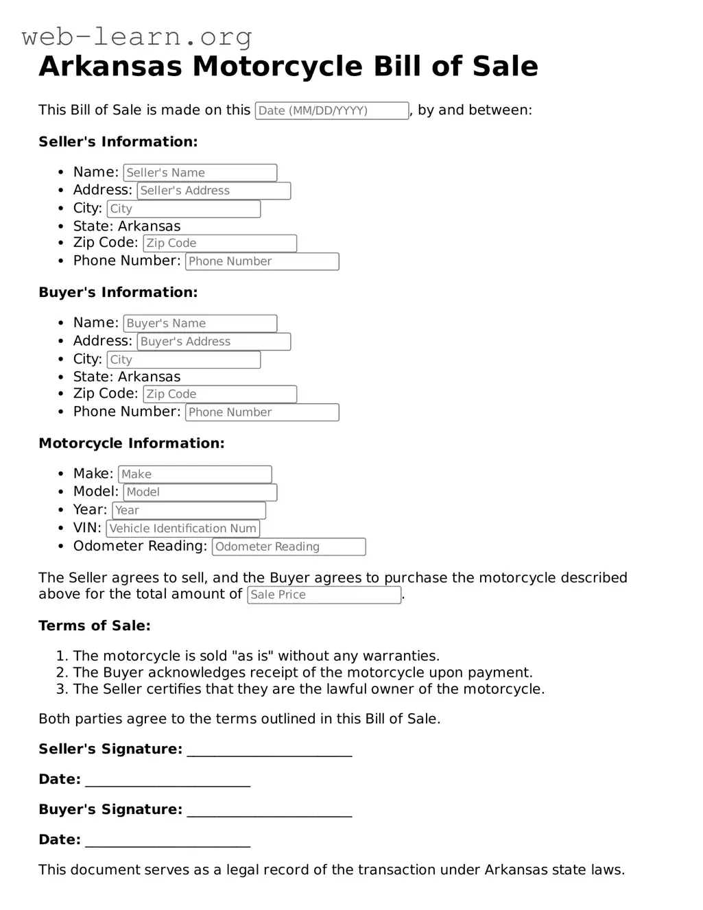 Attorney-Approved Motorcycle Bill of Sale Document for the State of Arkansas