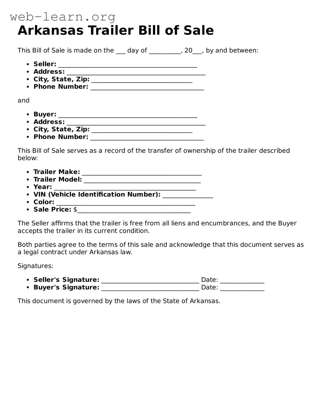 Attorney-Approved Trailer Bill of Sale Document for the State of Arkansas