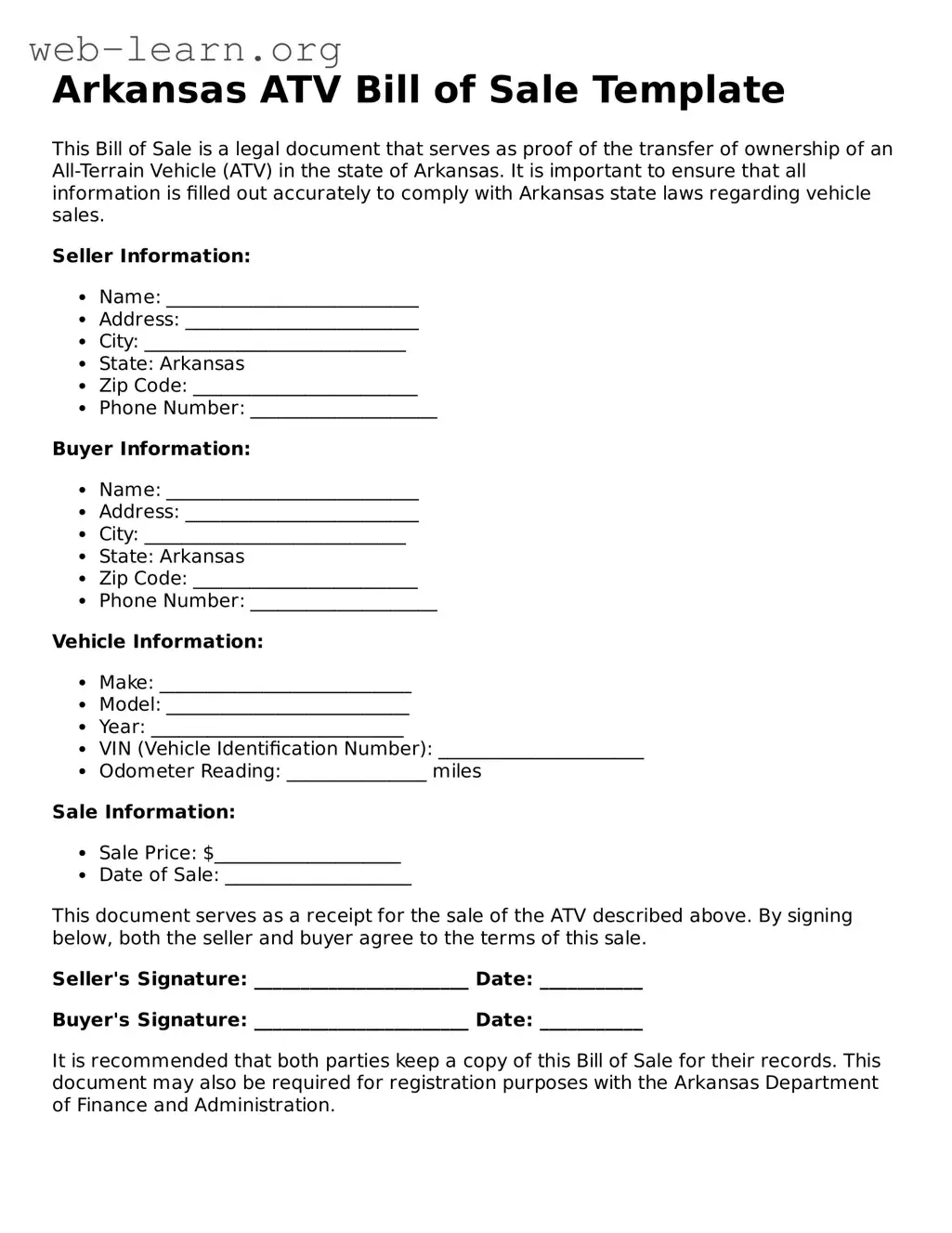Attorney-Approved ATV Bill of Sale Document for the State of Arkansas