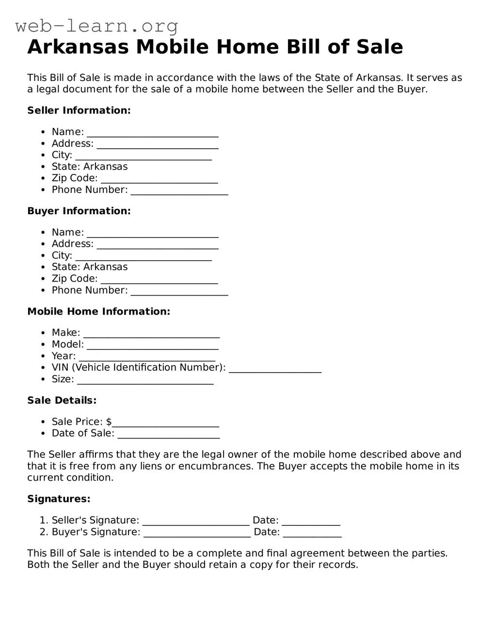 Attorney-Approved Mobile Home Bill of Sale Document for the State of Arkansas