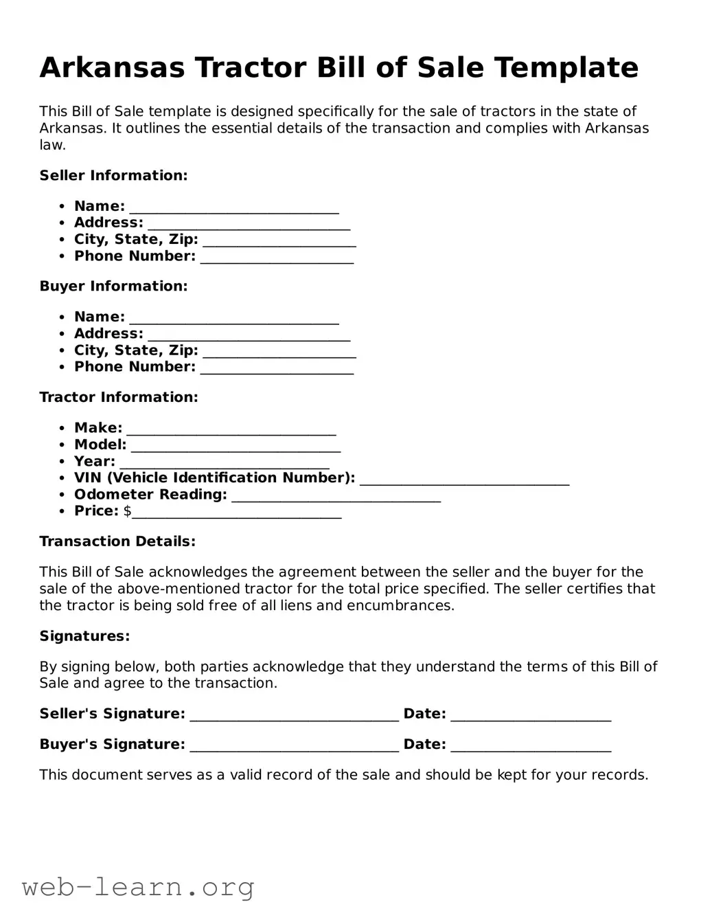 Attorney-Approved Tractor Bill of Sale Document for the State of Arkansas