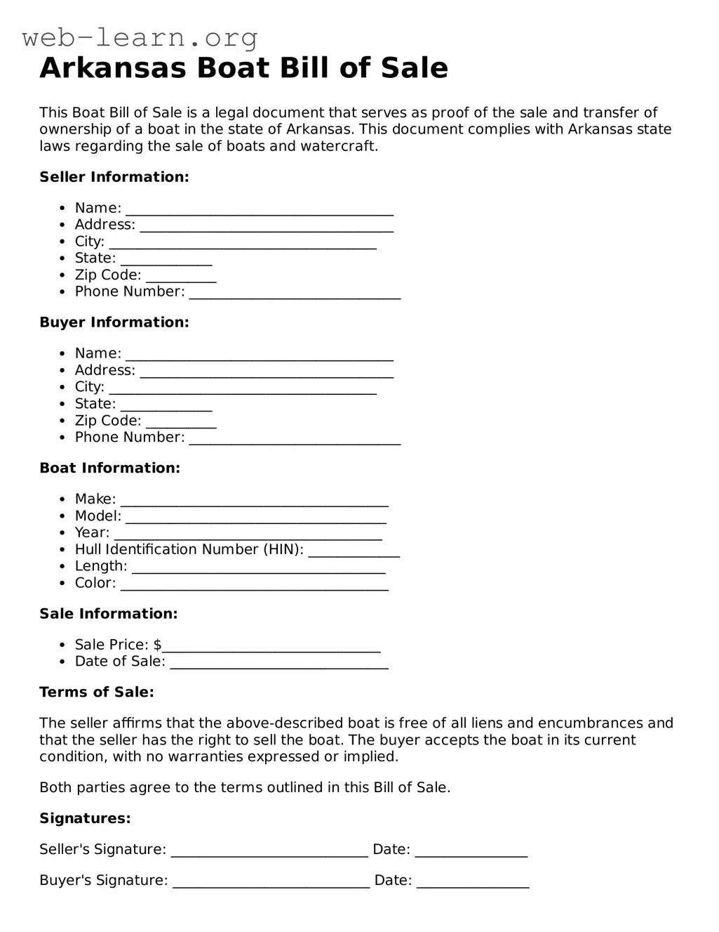Attorney-Approved Boat Bill of Sale Document for the State of Arkansas