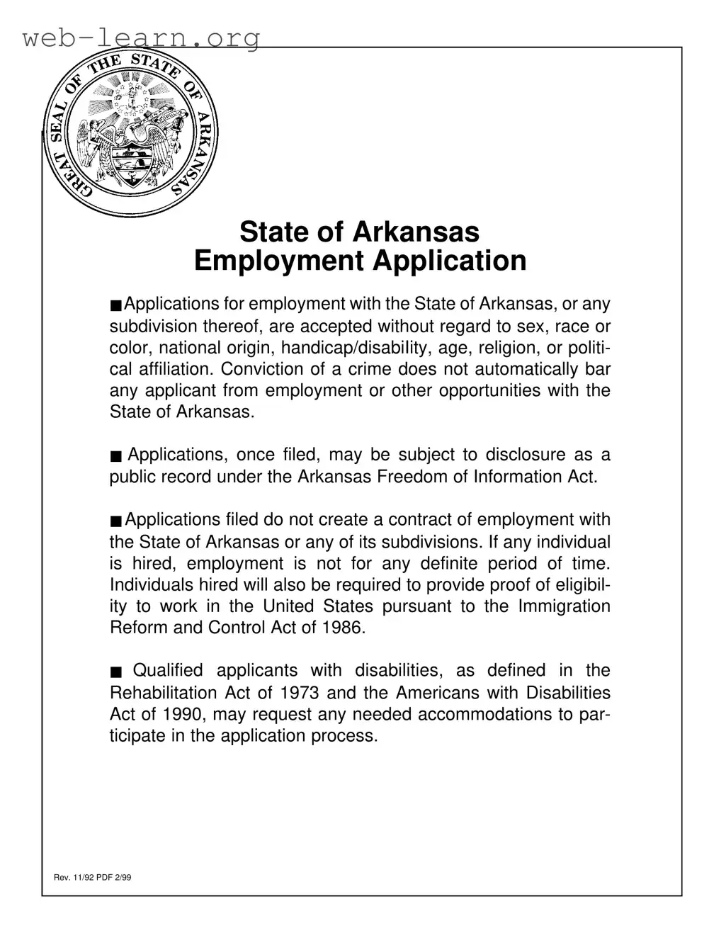 Blank Arkansas Employment Application Form