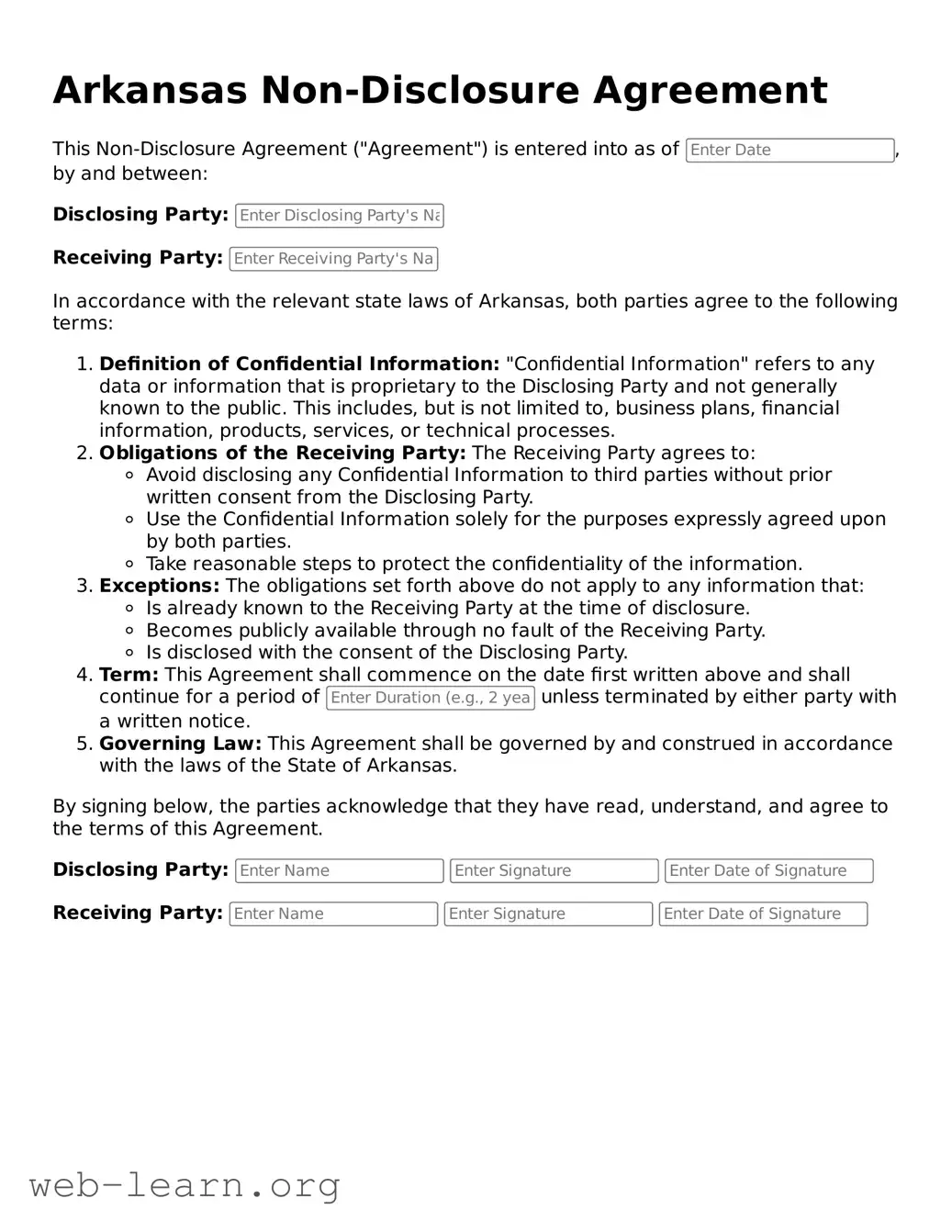 Attorney-Approved Non-disclosure Agreement Document for the State of Arkansas