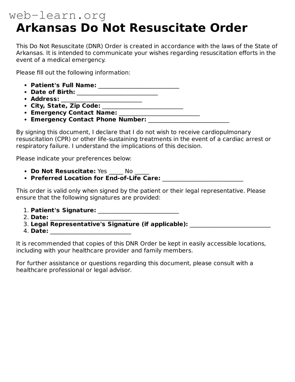 Attorney-Approved Do Not Resuscitate Order Document for the State of Arkansas