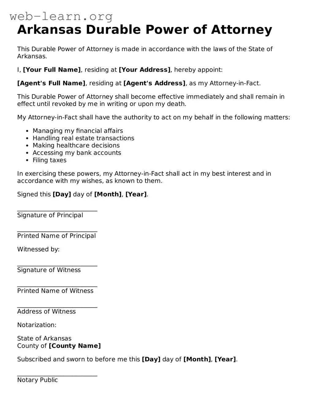 Attorney-Approved Durable Power of Attorney Document for the State of Arkansas