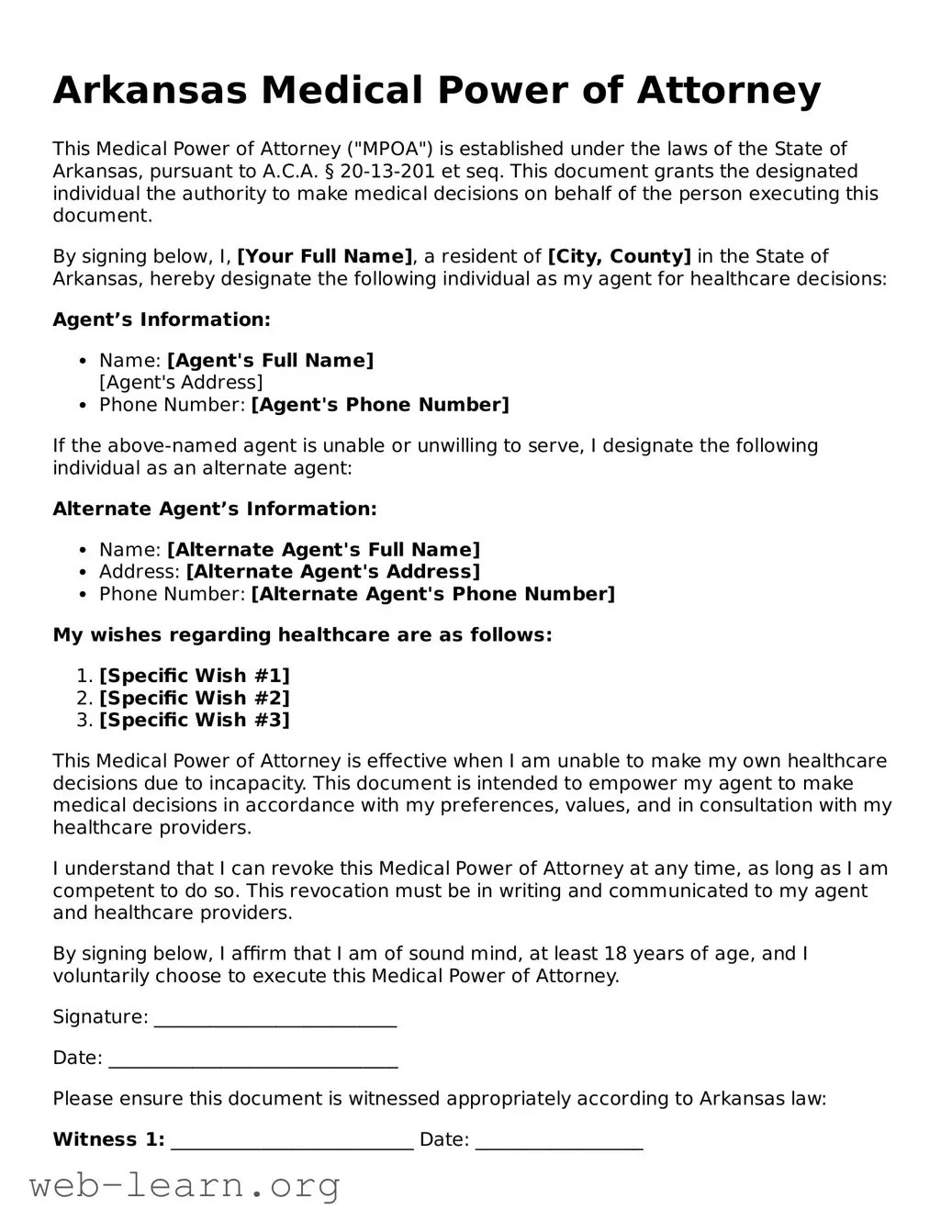 Attorney-Approved Medical Power of Attorney Document for the State of Arkansas