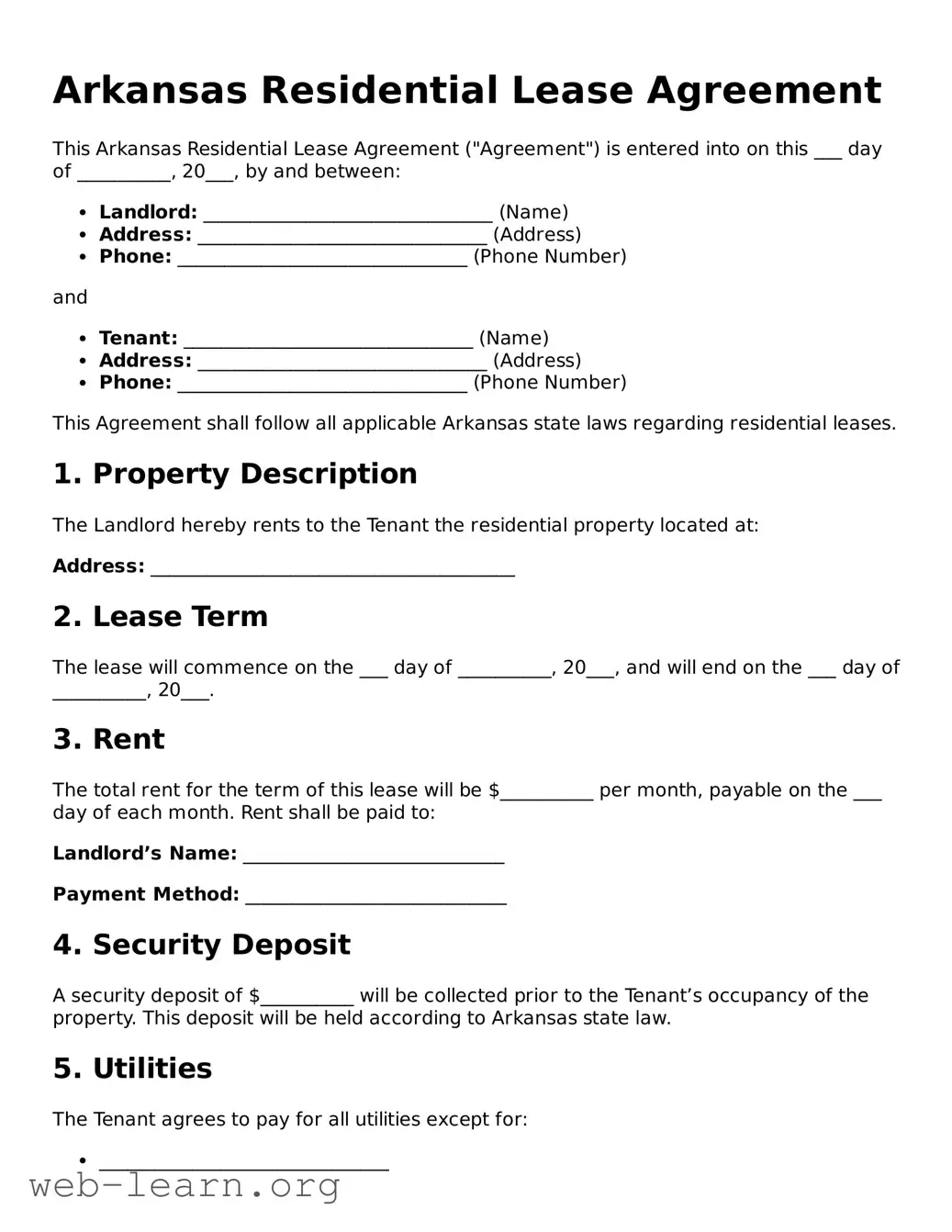 Attorney-Approved Residential Lease Agreement Document for the State of Arkansas
