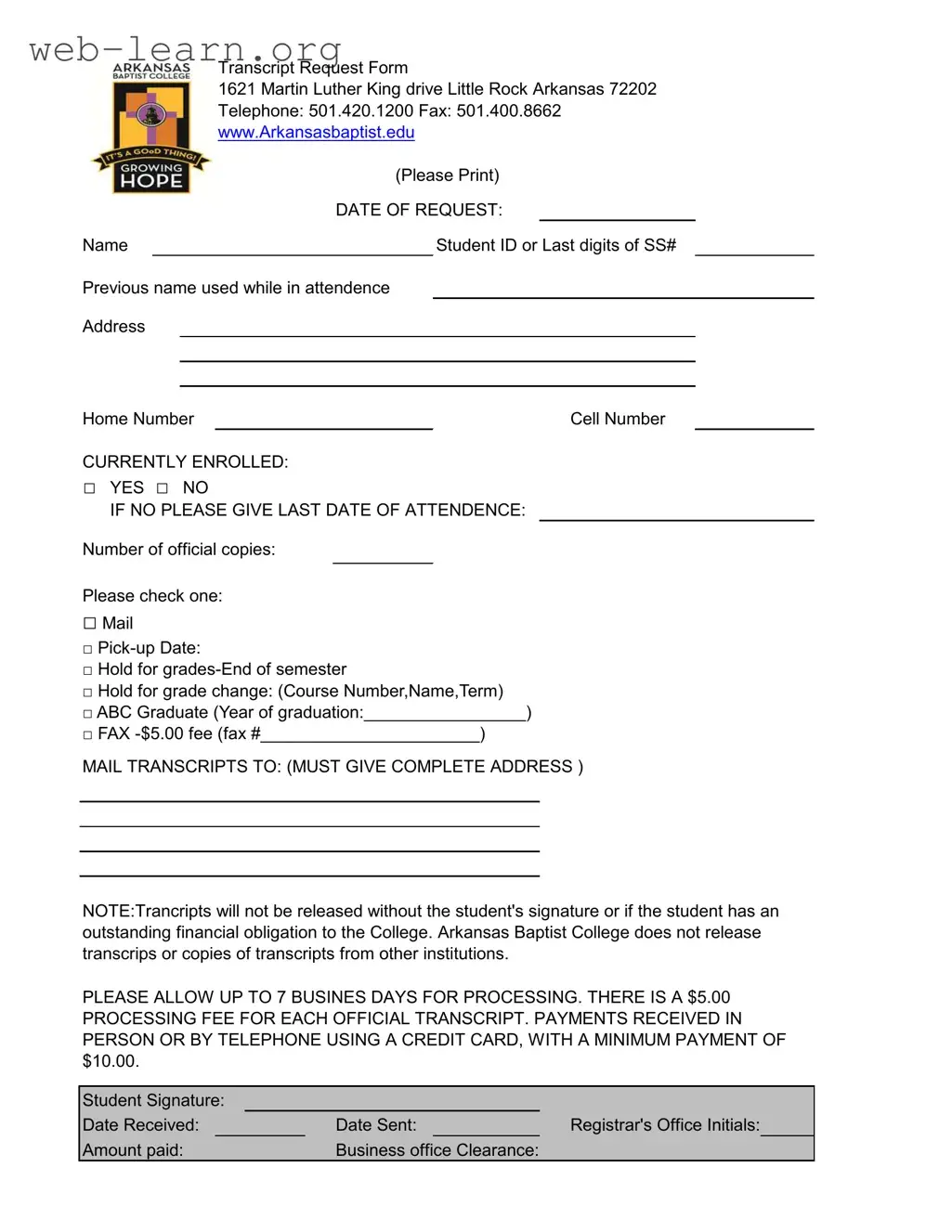 Blank Arkansas Baptist Transcript Form