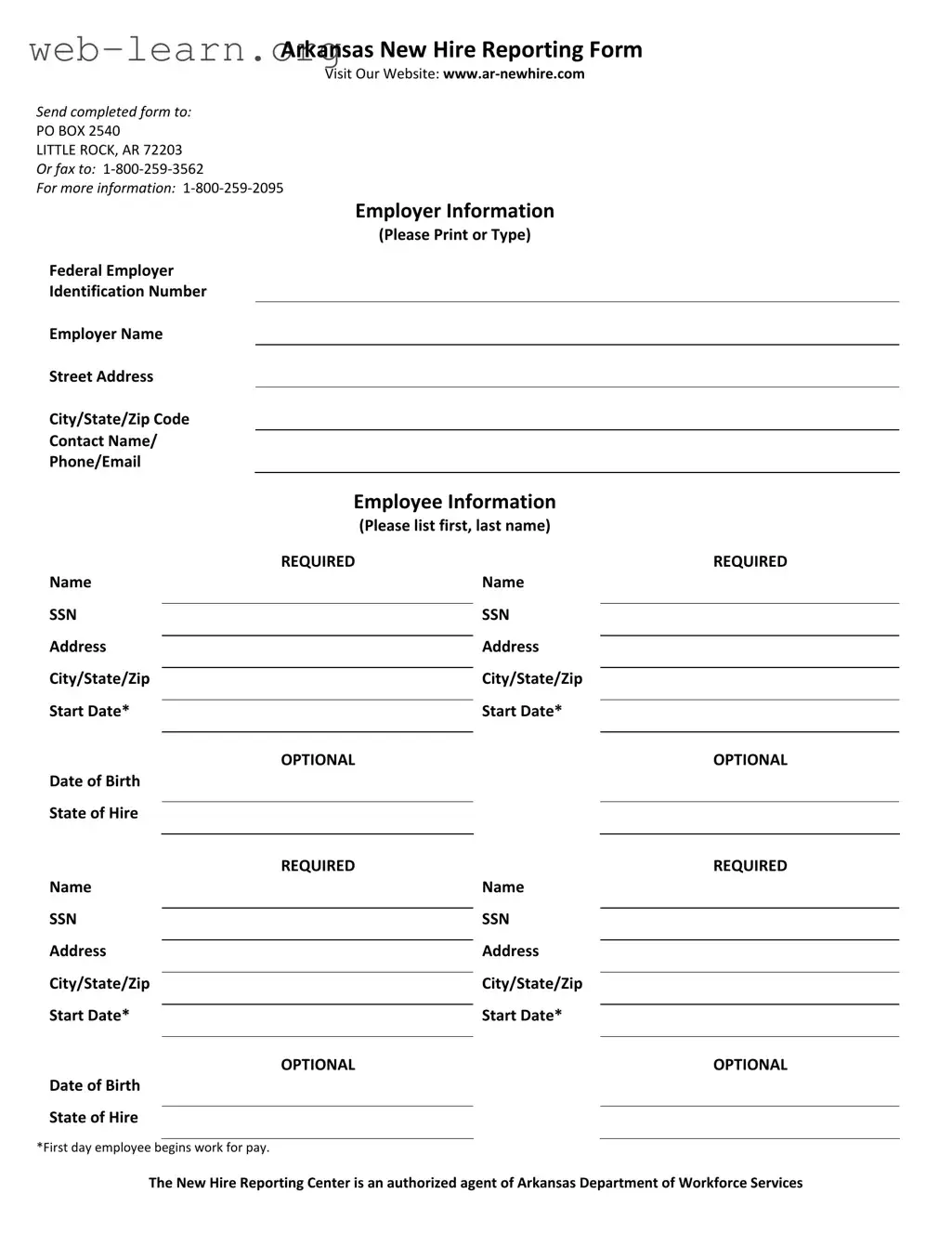 Blank Arkansas New Hire Reporting Form