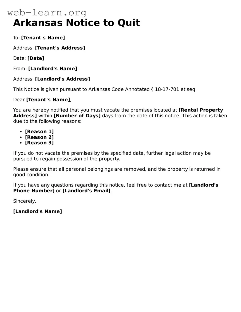 Attorney-Approved Notice to Quit Document for the State of Arkansas