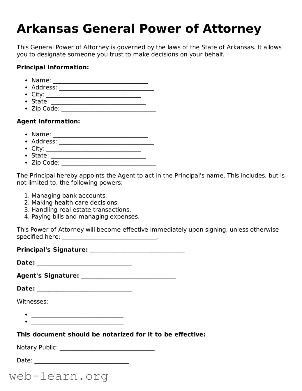 Attorney-Approved General Power of Attorney Document for the State of Arkansas